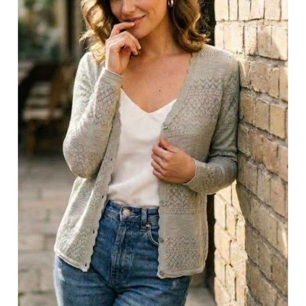 FRYE Size M Pointelle Scalloped Knit Cardigan Sweater Sage Gray 100% Cotton Boho
